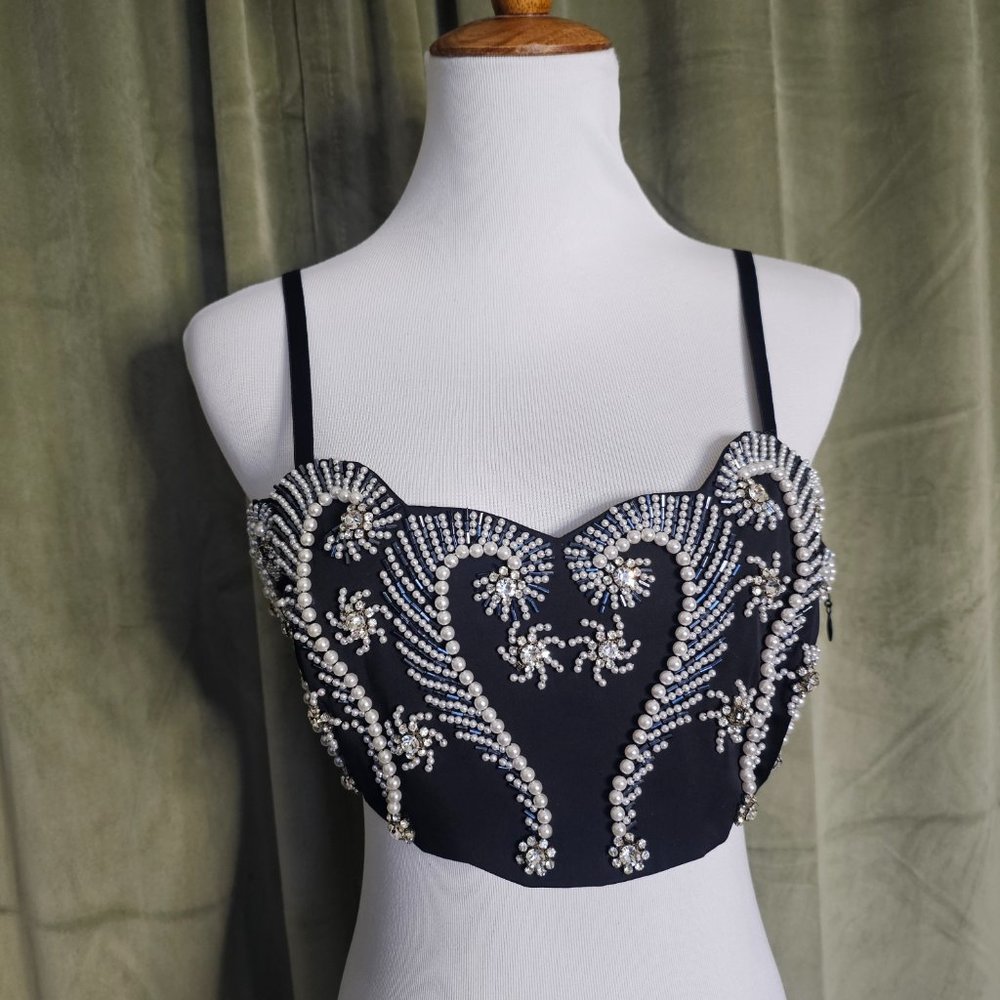 y2k McBling Glam Goth Coastal Summery Formal Pearl Beaded Cropped Halter Top